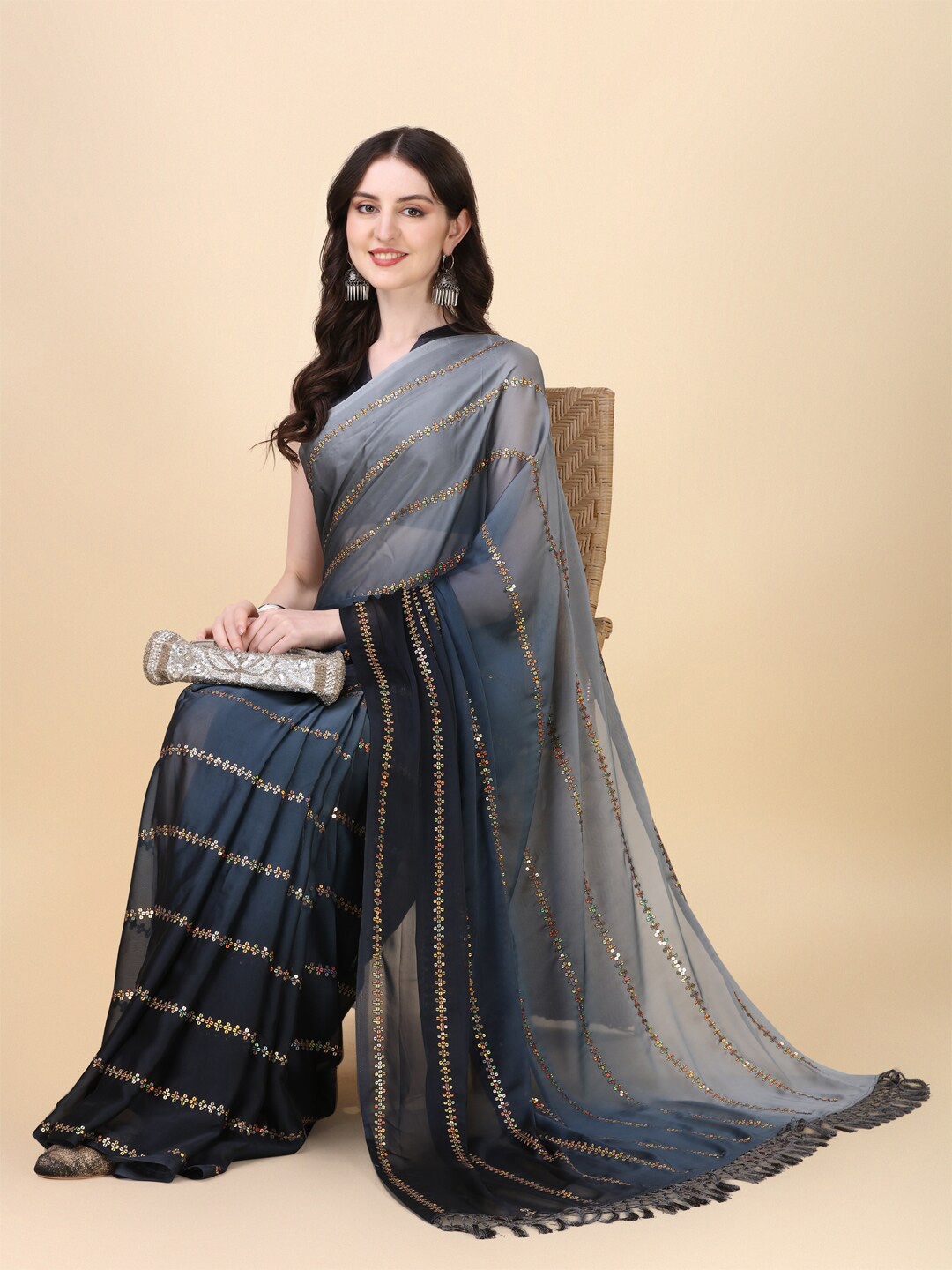 

KALINI Embellished Sequinned Saree, Grey