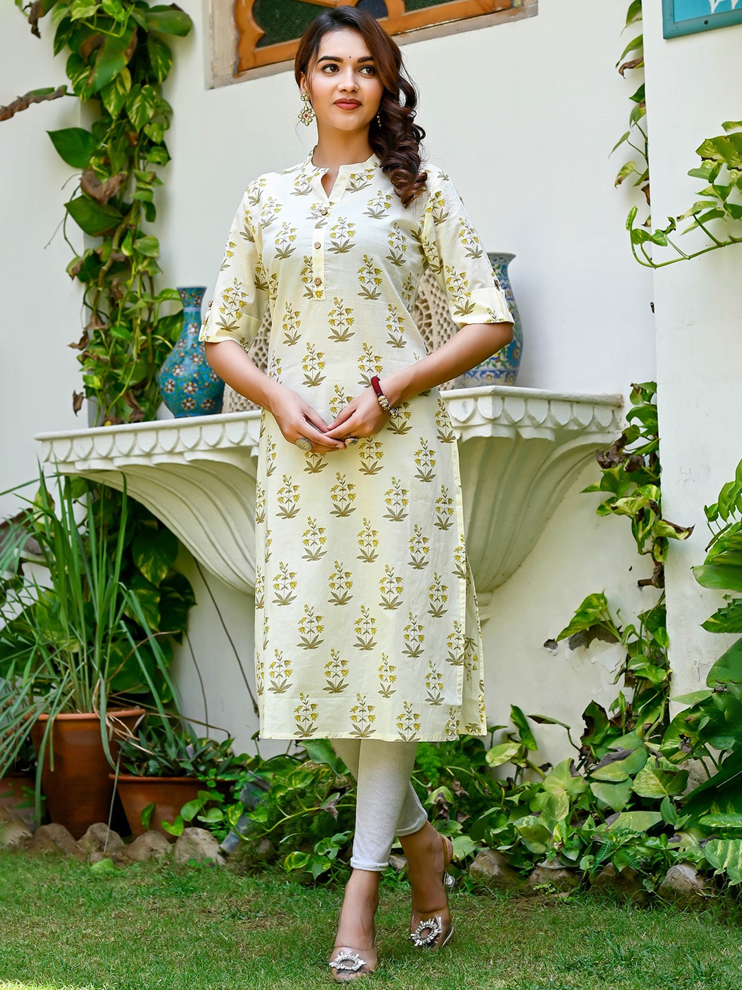 

Nishika Floral Printed Mandarin Collar Cotton Kurta, Cream