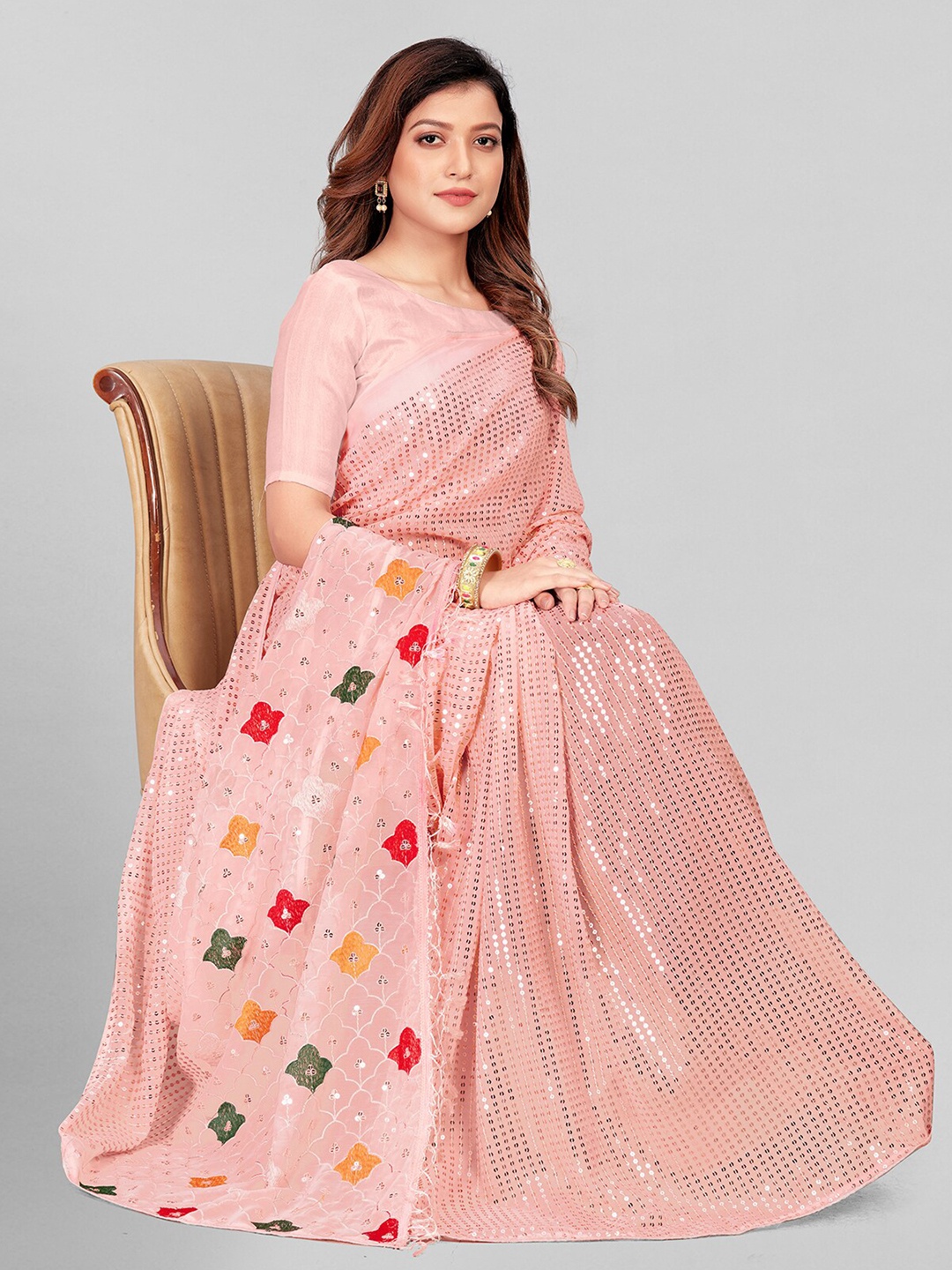 

KALINI Embellished Sequinned Pure Georgette Saree, Rose