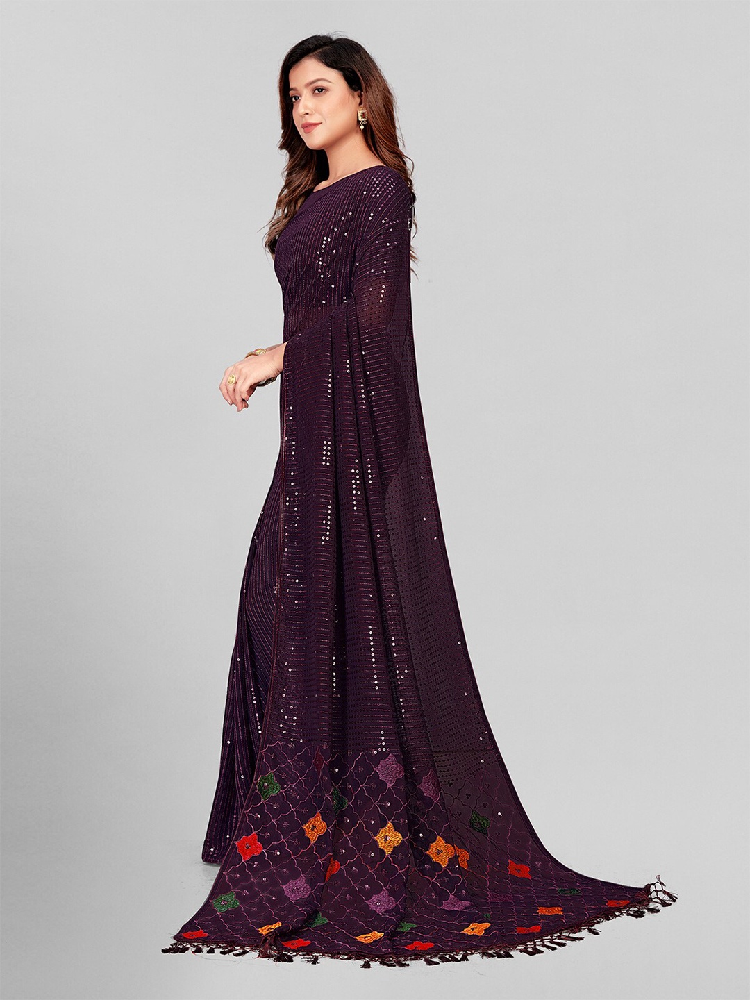 

KALINI Embellished Sequinned Pure Georgette Saree, Purple