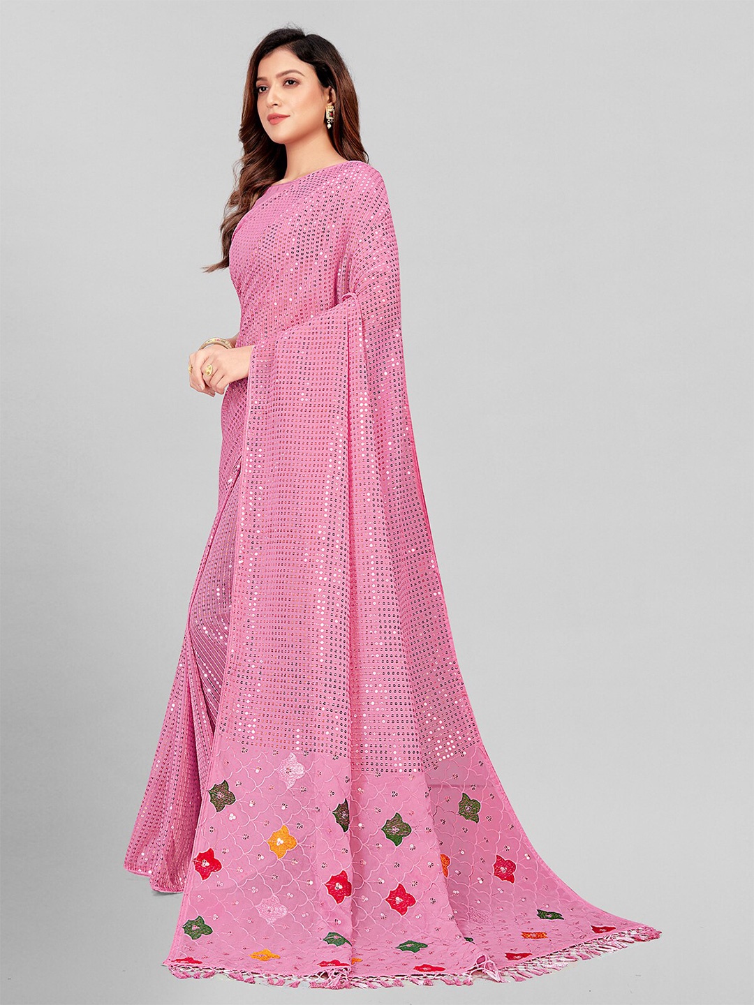 

KALINI Embellished Sequinned Pure Georgette Saree, Pink