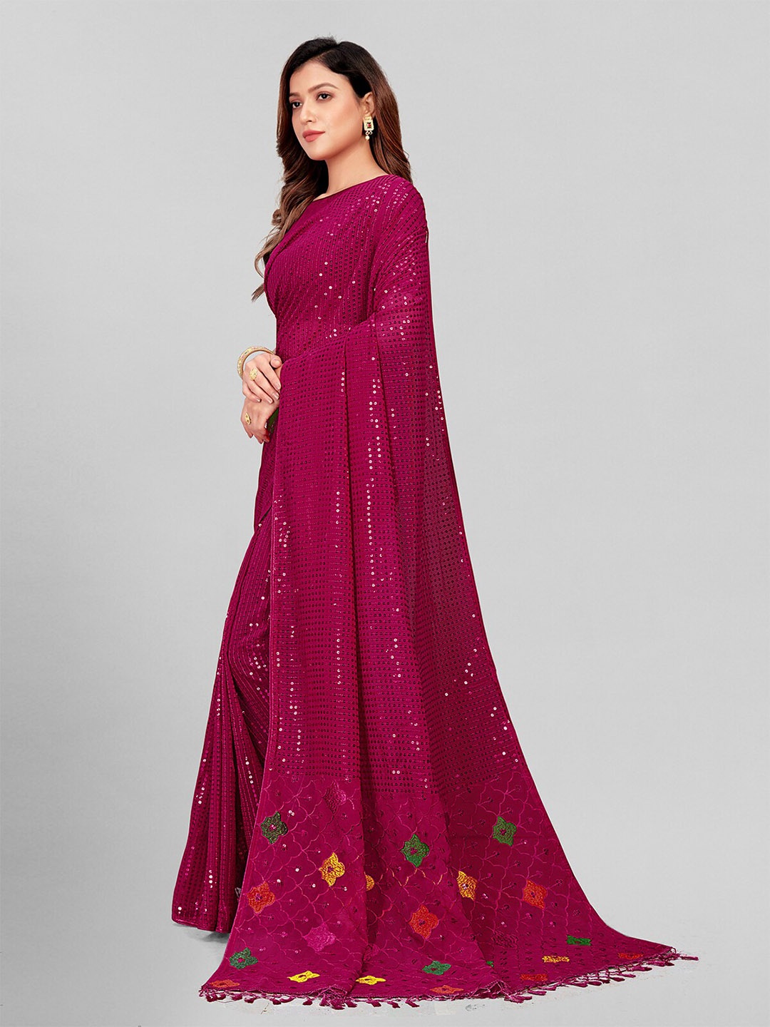 

KALINI Embellished Sequinned Pure Georgette Saree, Pink