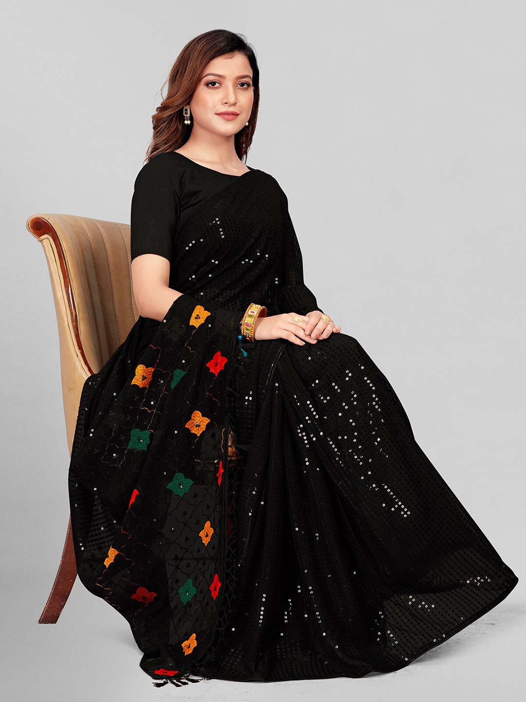 

KALINI Sequinned Embellished Pure Georgette Saree, Black