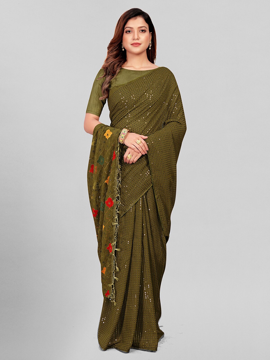 

KALINI Sequinned Embellished Pure Georgette Saree, Olive