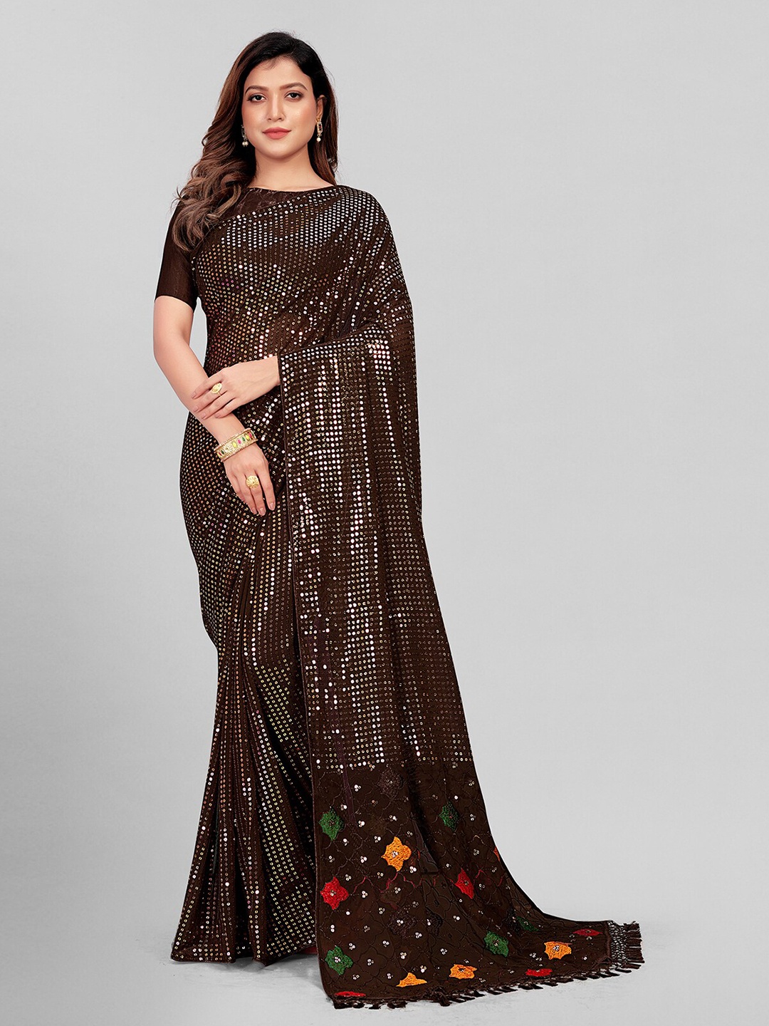 

KALINI Embellished Sequinned Pure Georgette Saree, Brown