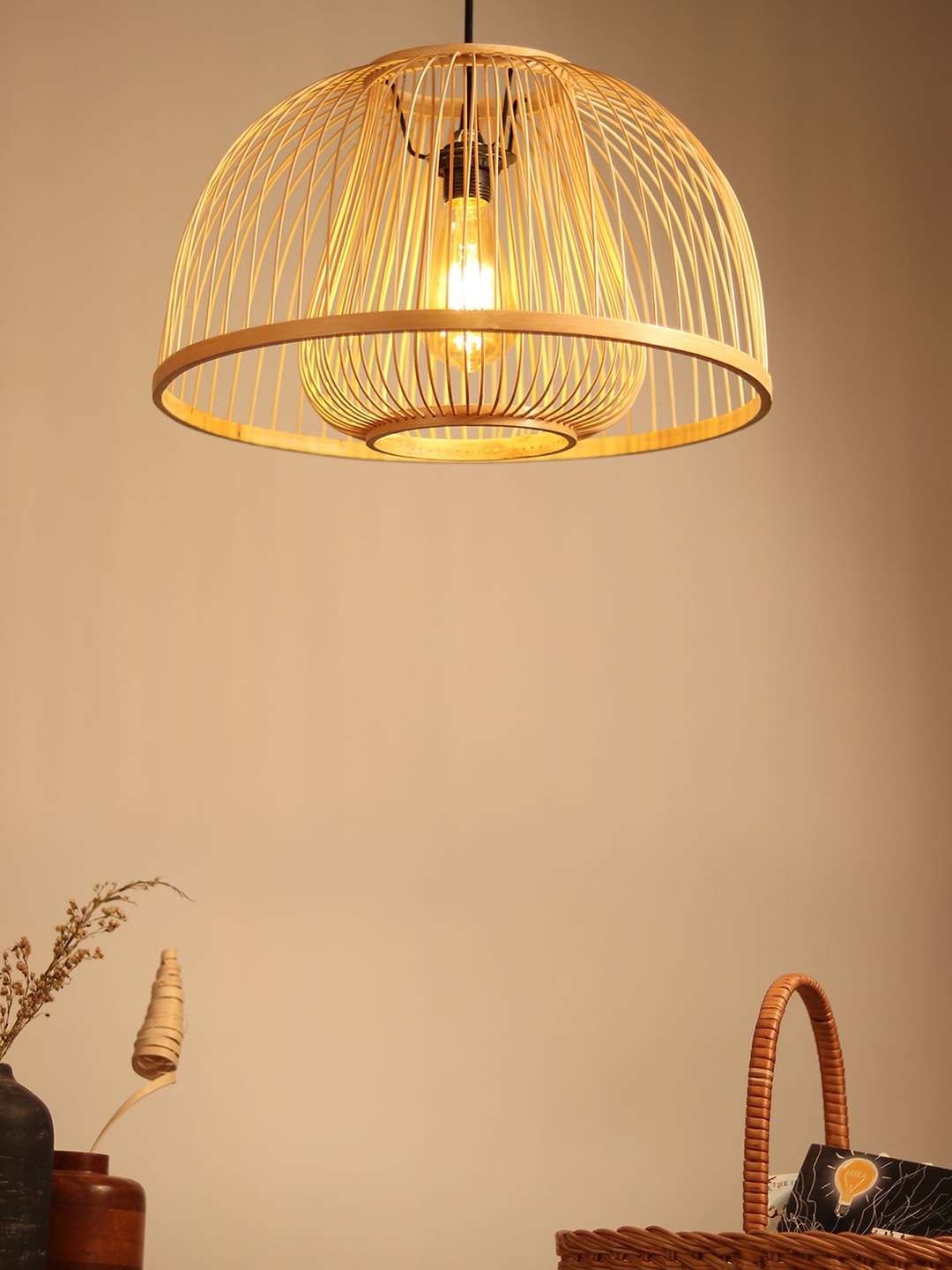 

HABERE INDIA Beige Textured Bamboo Ceiling Lamp