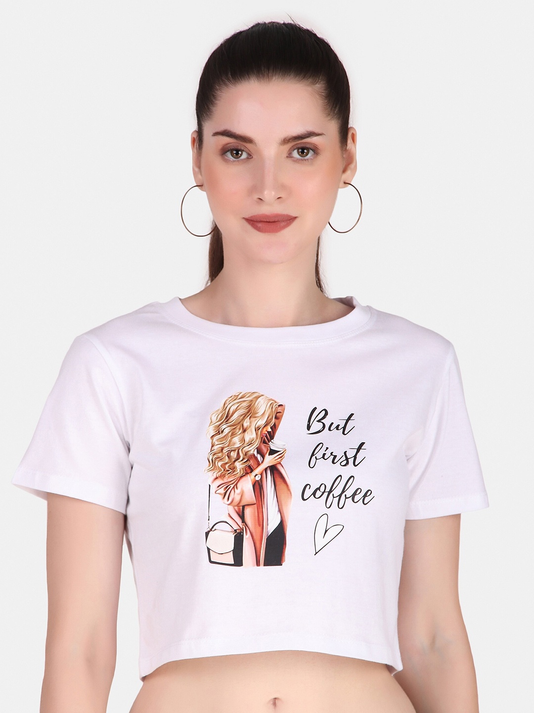 

Jollify Graphic Printed Pure Cotton Regular Fit Crop T-shirt, White