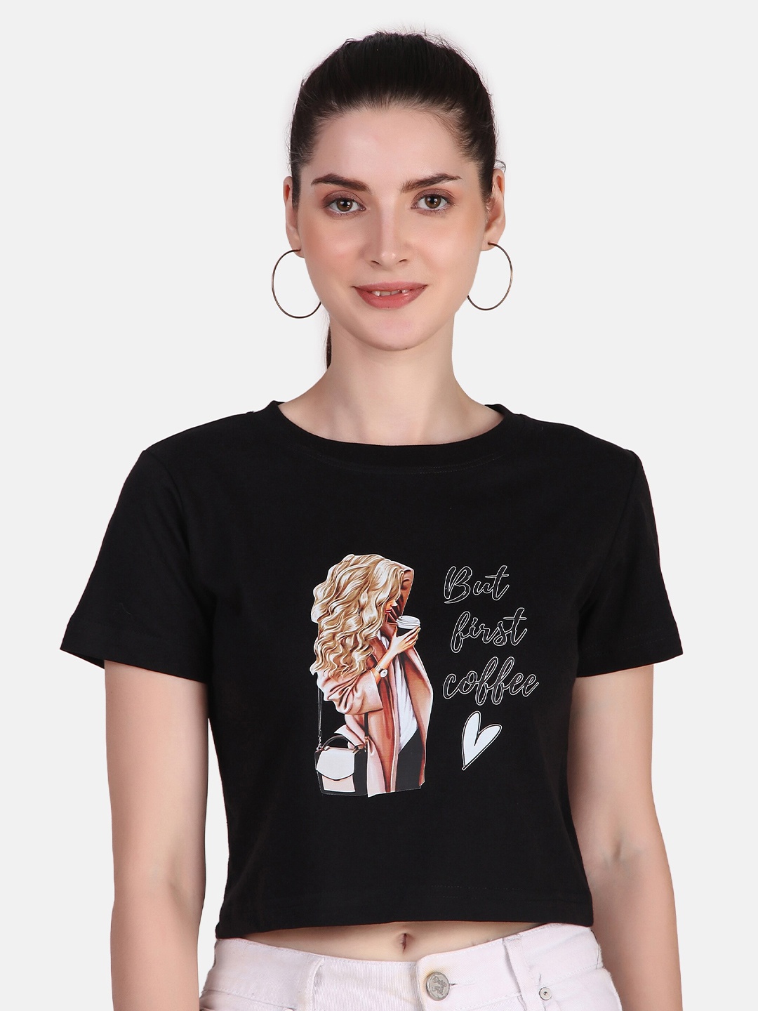 

Jollify Graphic Printed Pure Cotton Regular Fit Crop T-shirt, Black