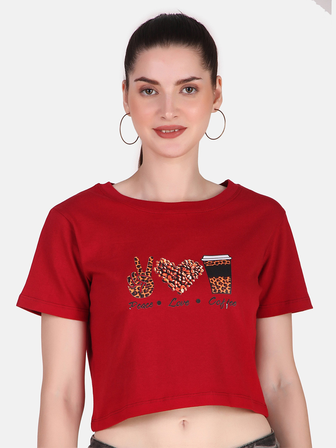 

Jollify Graphic Printed Pure Cotton Regular Fit Crop T-shirt, Maroon