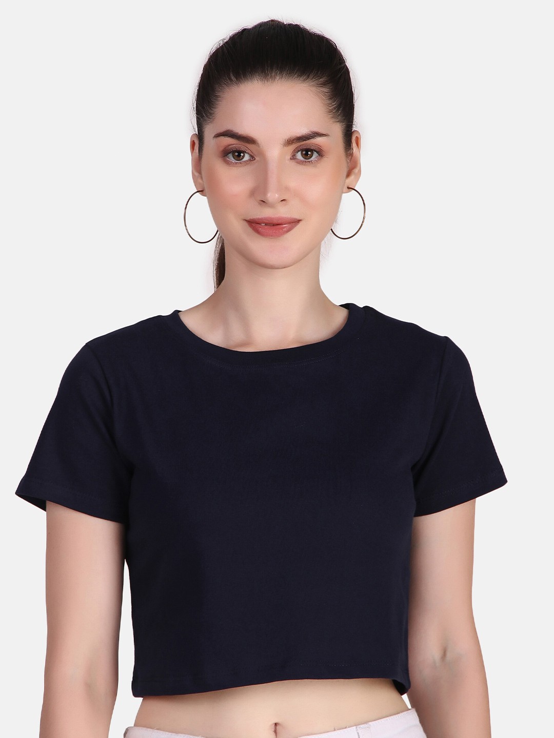 

Jollify Round Neck Pure Cotton Regular Fit Crop T-shirt, Navy blue