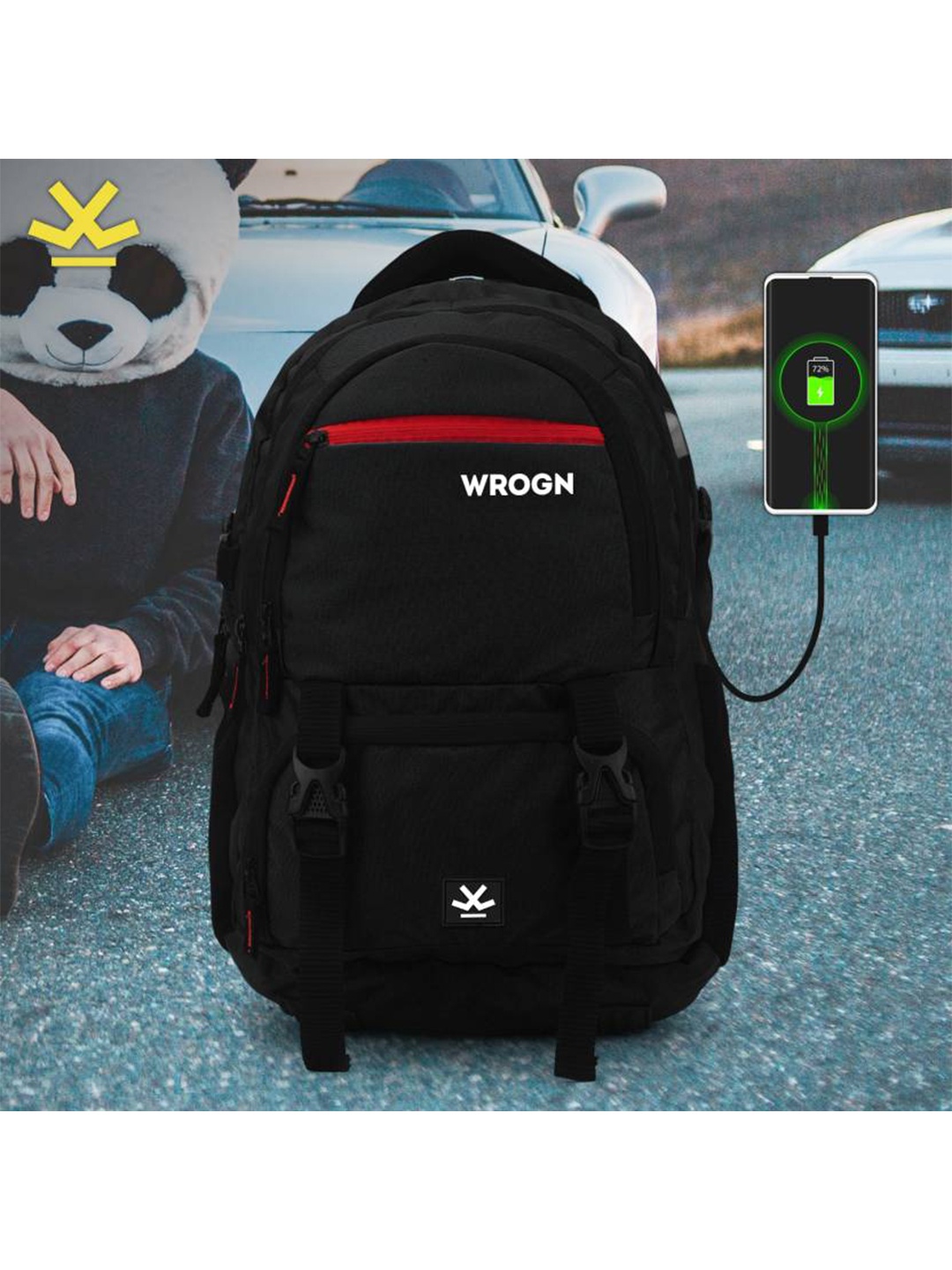 

WROGN Unisex Backpack with USB Charging Port, Black