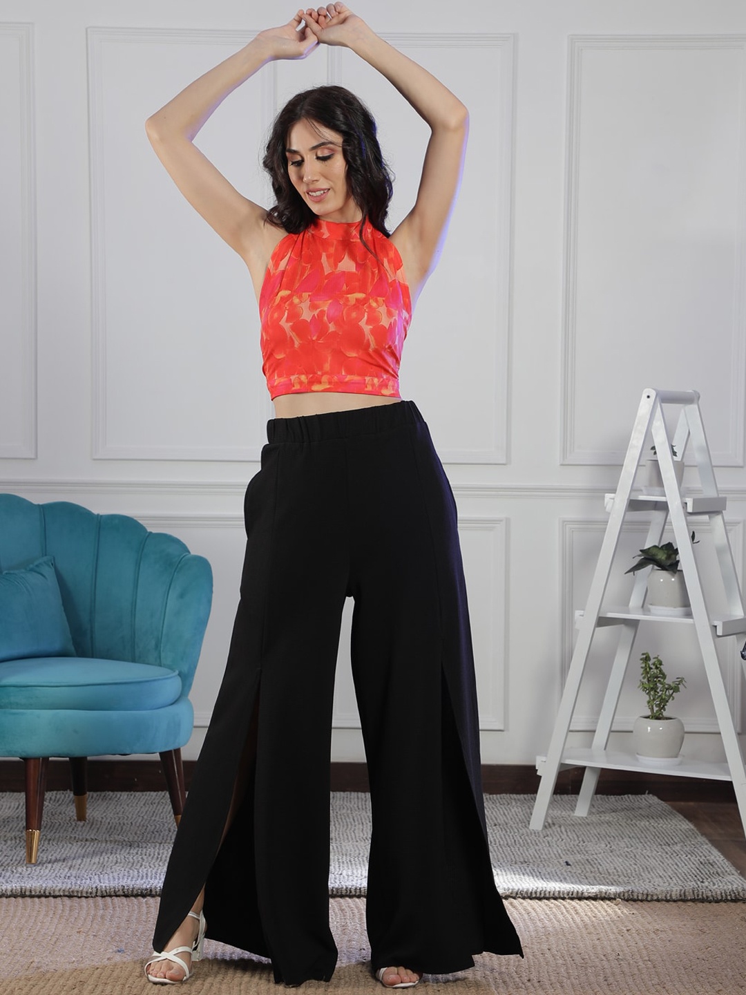 

NEUDIS Floral Printed Halter Neck Crop Top & Trousers, Orange
