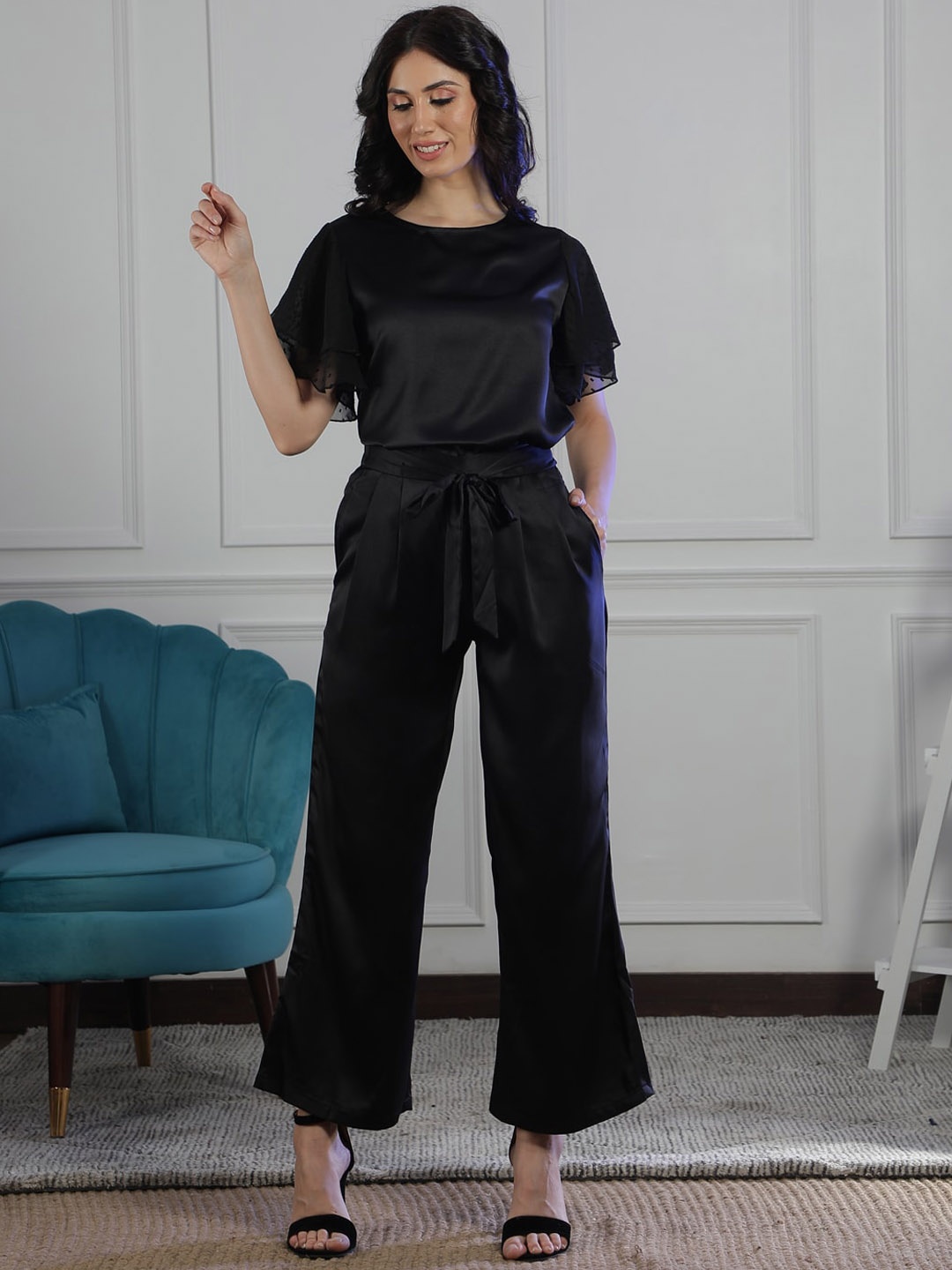 

NEUDIS Flutter Sleeve Satin Top & Trouser, Black