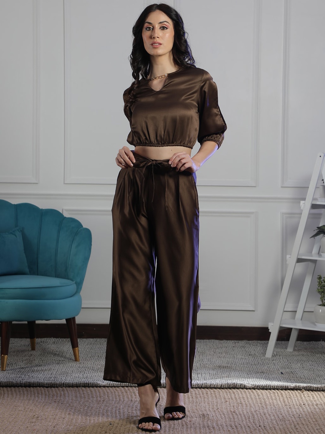 

NEUDIS Satin Crop Blouson Top & Trouser, Brown