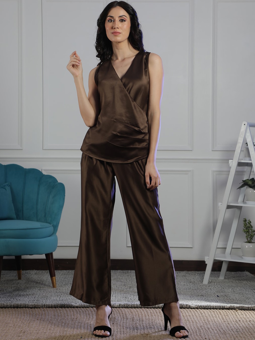 

NEUDIS V-Neck Satin Top & Trouser, Brown