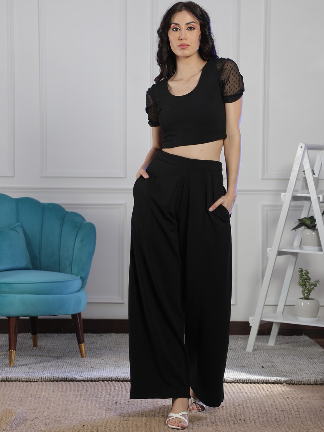 

NEUDIS Puff Sleeve Crop Top & Trouser, Black