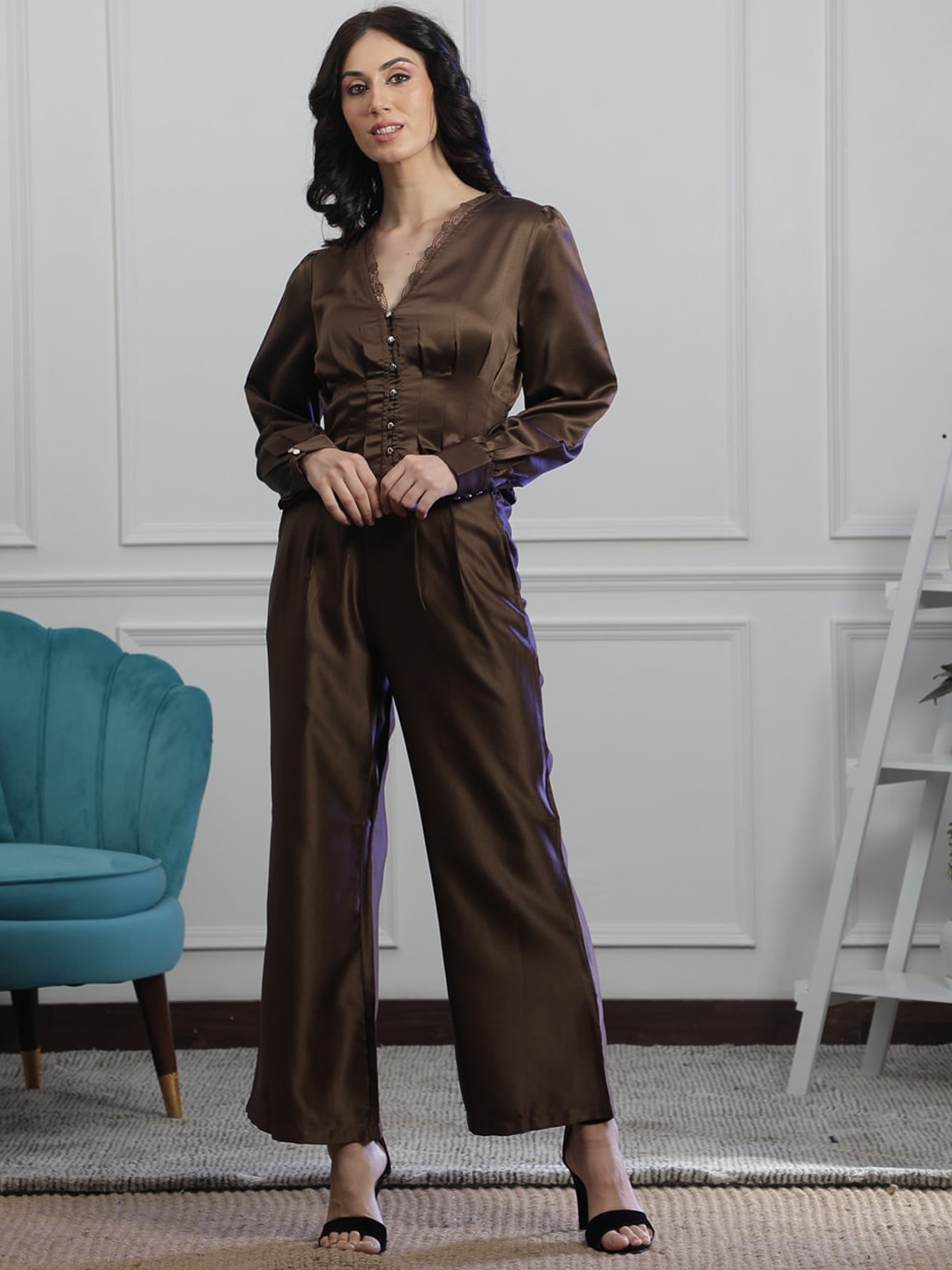 

NEUDIS Pleated Puff Sleeve Satin Top & Trouser, Brown