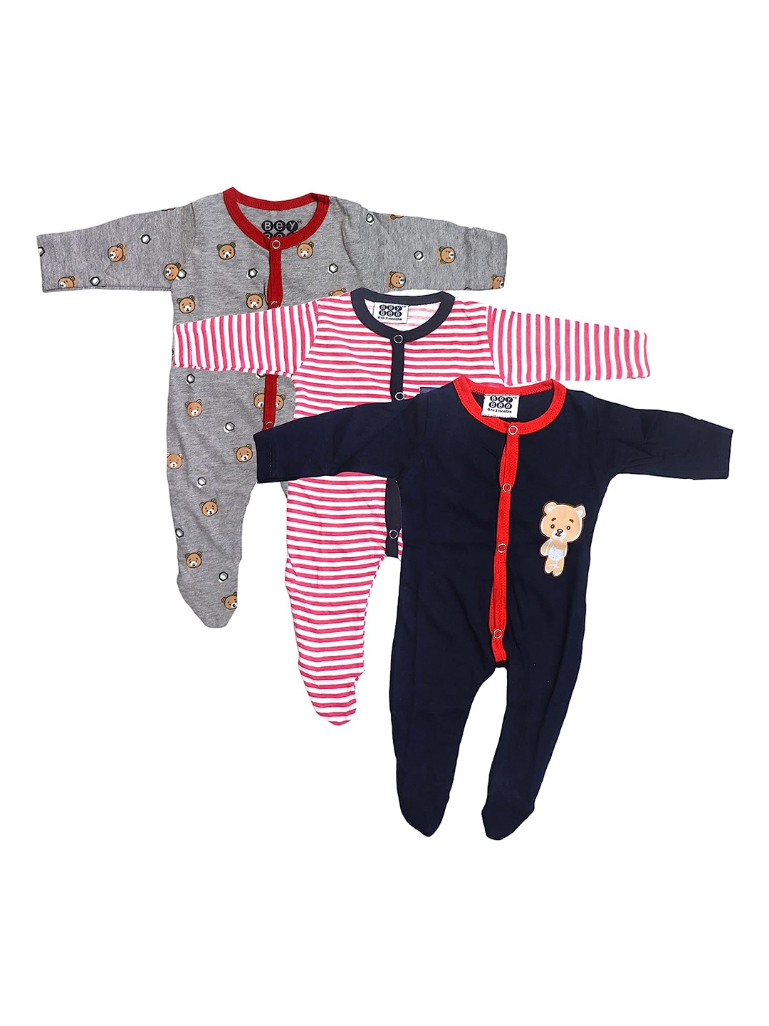 

BeyBee Infant Kids Pack Of 3 Printed Organic Cotton Sleepsuits, Red