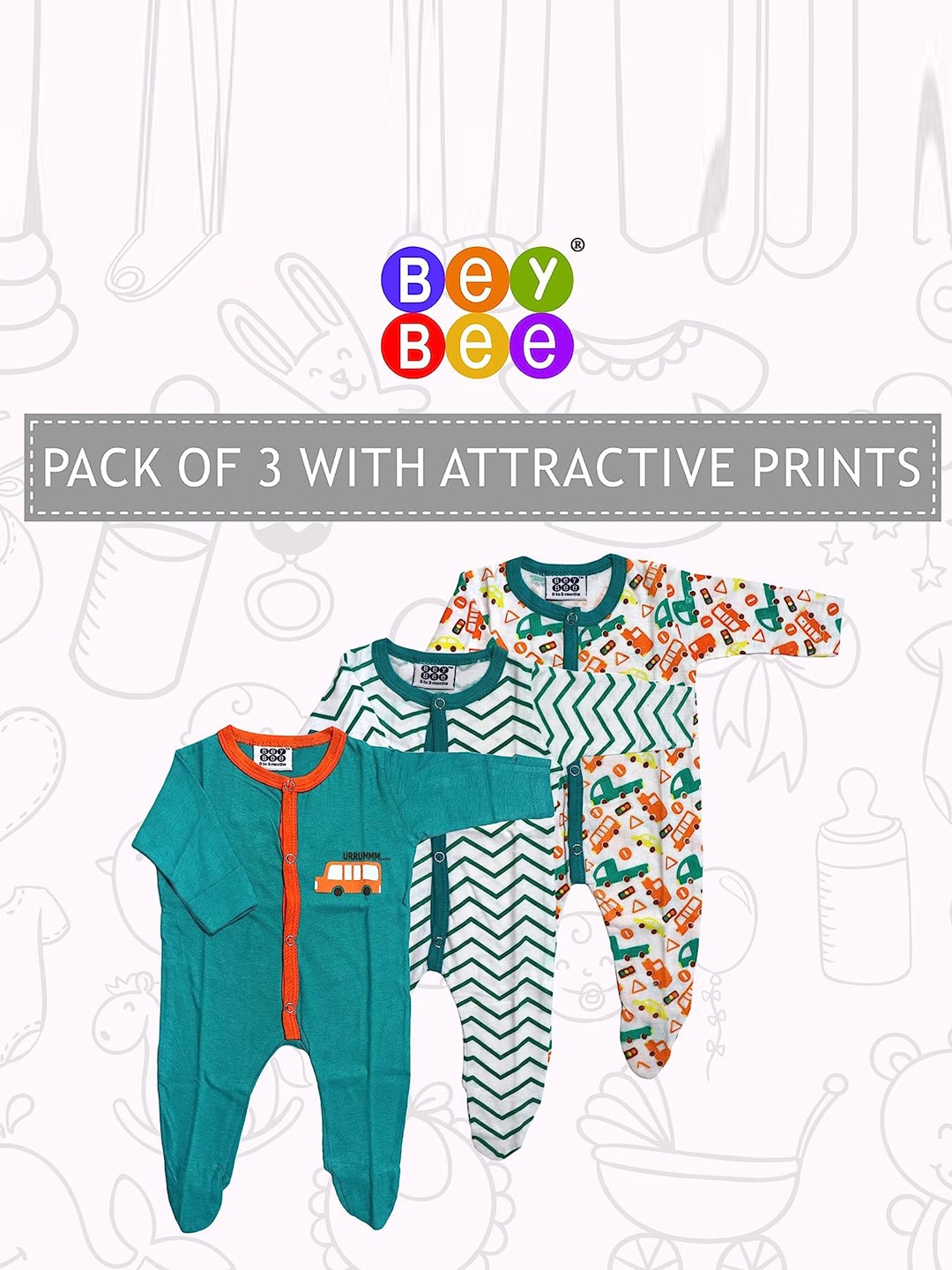 

BeyBee Infant Kids Pack Of 3 Printed Organic Cotton Sleepsuits, White