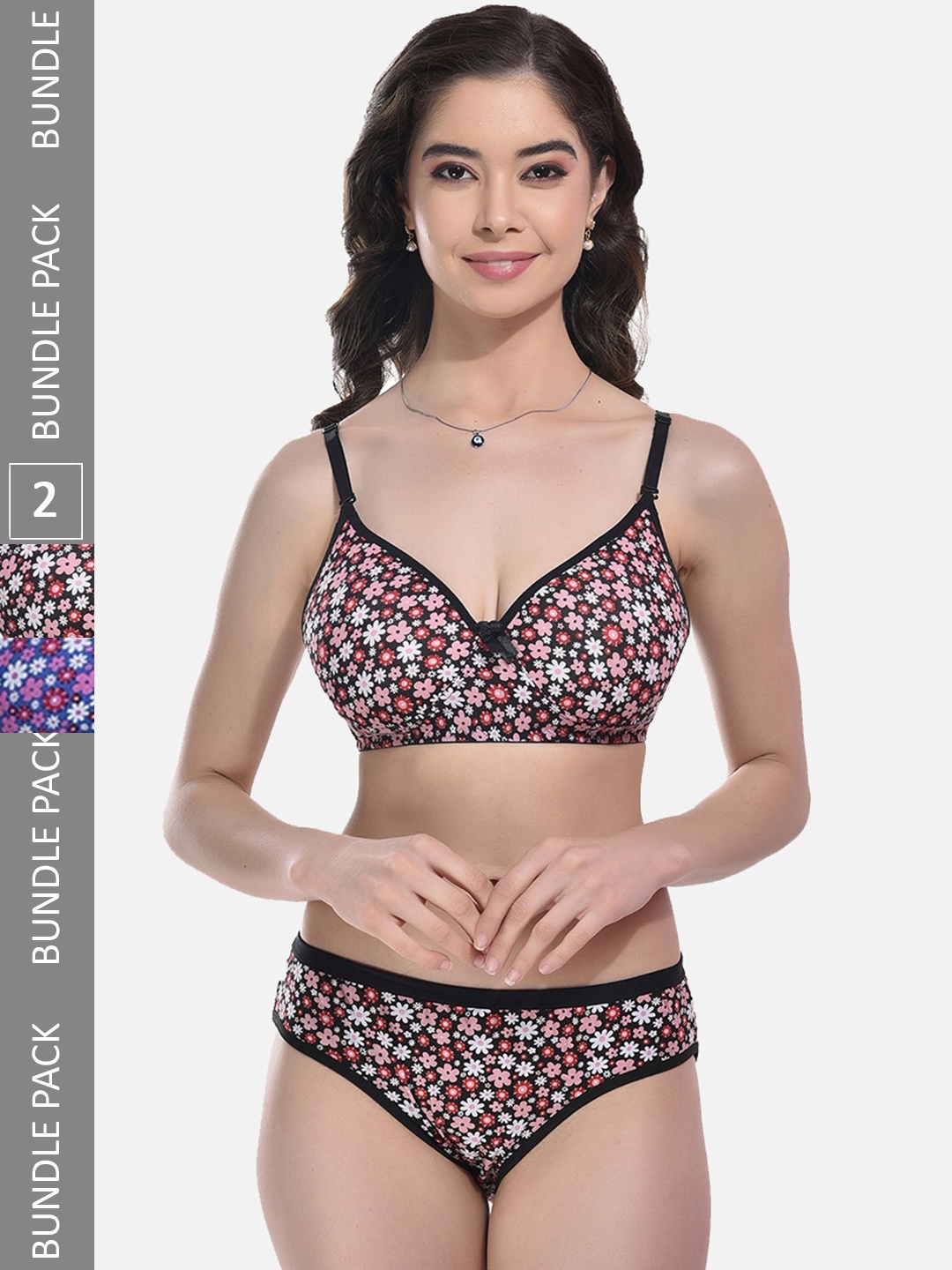 

StyFun Pack Of 2 Floral Printed Lingerie Set, Black