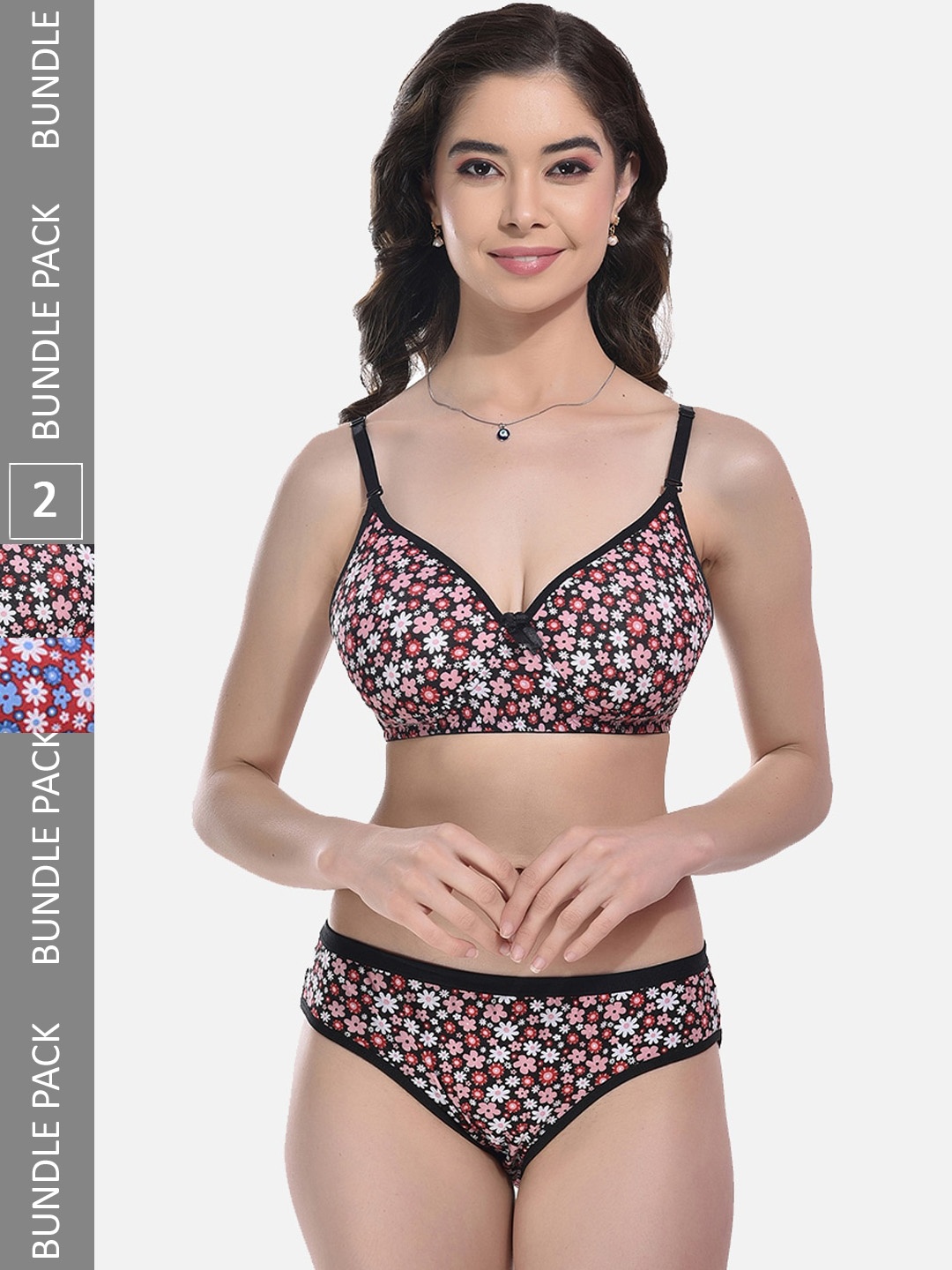 

StyFun Pack Of 2 Floral Printed Lightly Padded Lingerie Set, Black