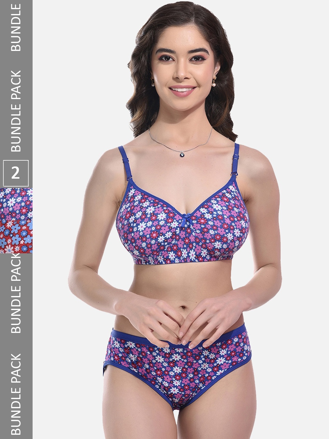 

StyFun Pack Of 2 Floral Printed Lightly Padded Lingerie Set, Blue