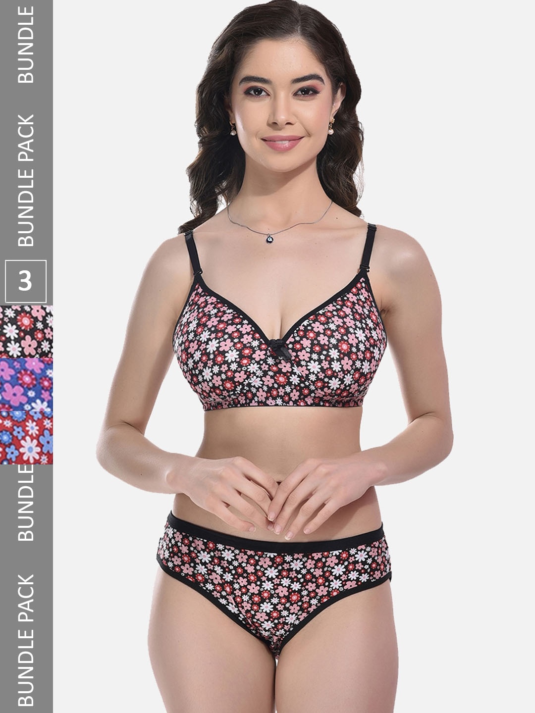 

StyFun Pack Of 3 Floral Printed Padded Cotton Lingerie Set LS_Sarika_Pad_Set_Packof3_B, Black