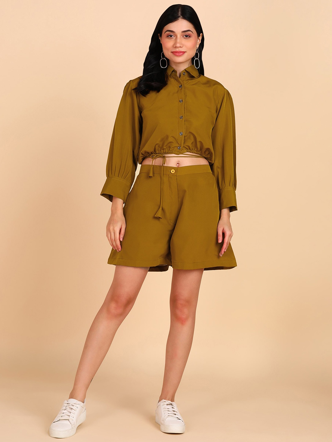

Rudraaksha Creations Shirt Style Crop Top & Shorts, Olive