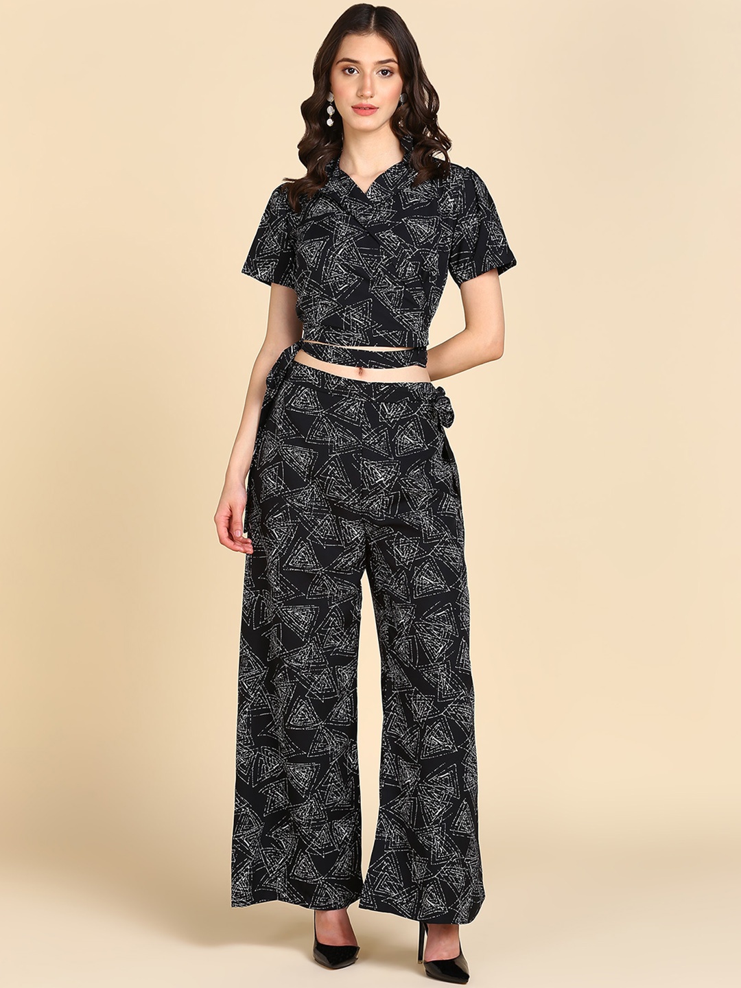 

Rudraaksha Creations Geometric Printed Crop Top & Palazzos, Black