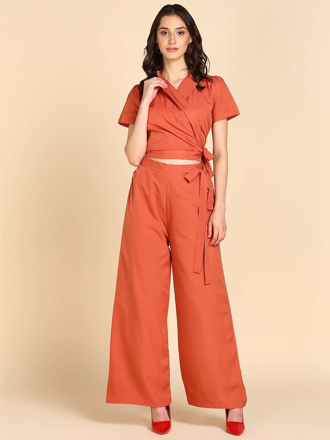 

Rudraaksha Creations Shirt Collar Wrap Crop Top & Palazzos, Orange