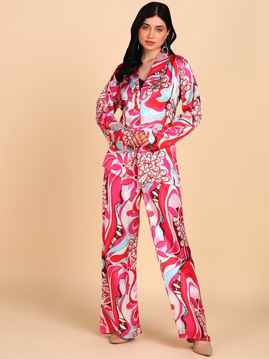 

Rudraaksha Creations Printed Crop Top with Shirt & Palazzo, Pink