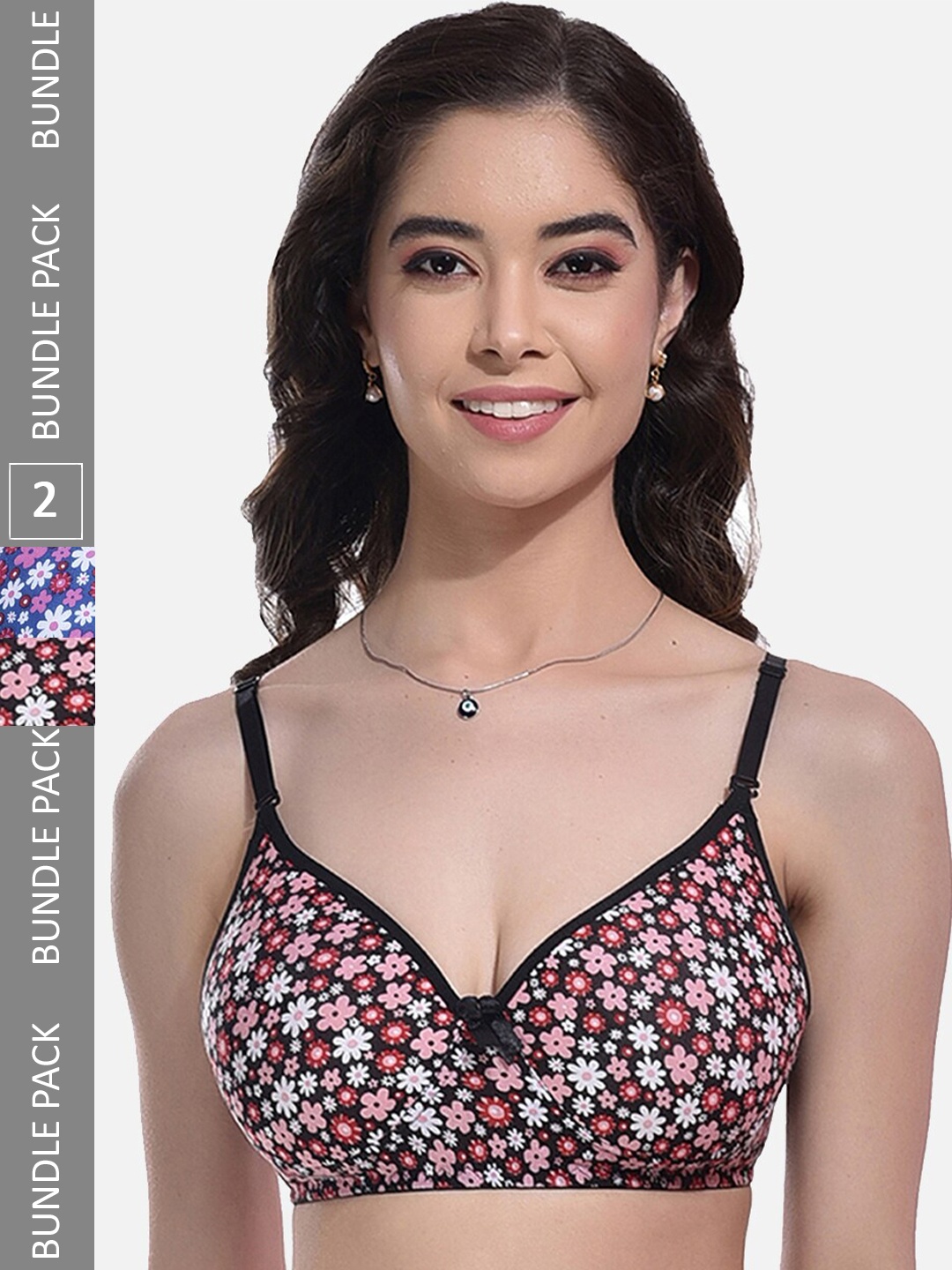 

StyFun Pack Of 2 Floral Printed Bra Full Coverage Lightly Padded, Black