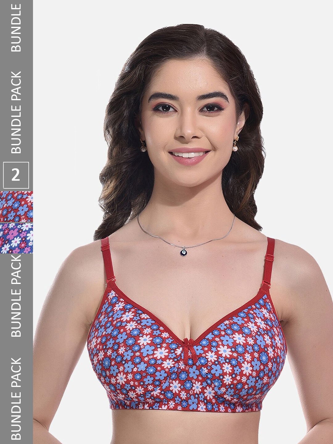

StyFun Pack of 2 Floral Printed Bras Full Coverage Lightly Padded, Red