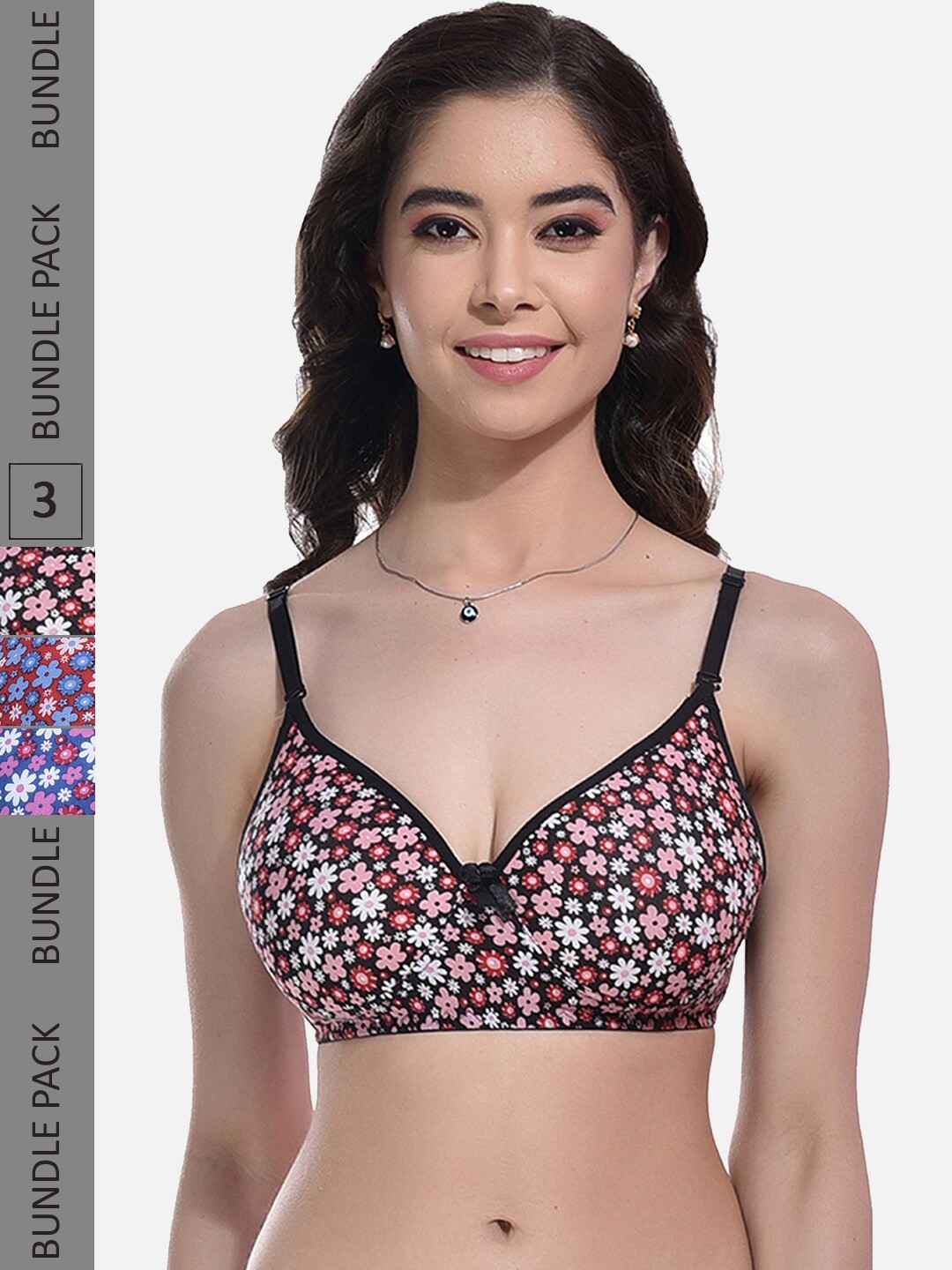 

StyFun Pack Of 3 Full Coverage Lightly Padded Seamless Cotton Bra-All Day Comfort, Black