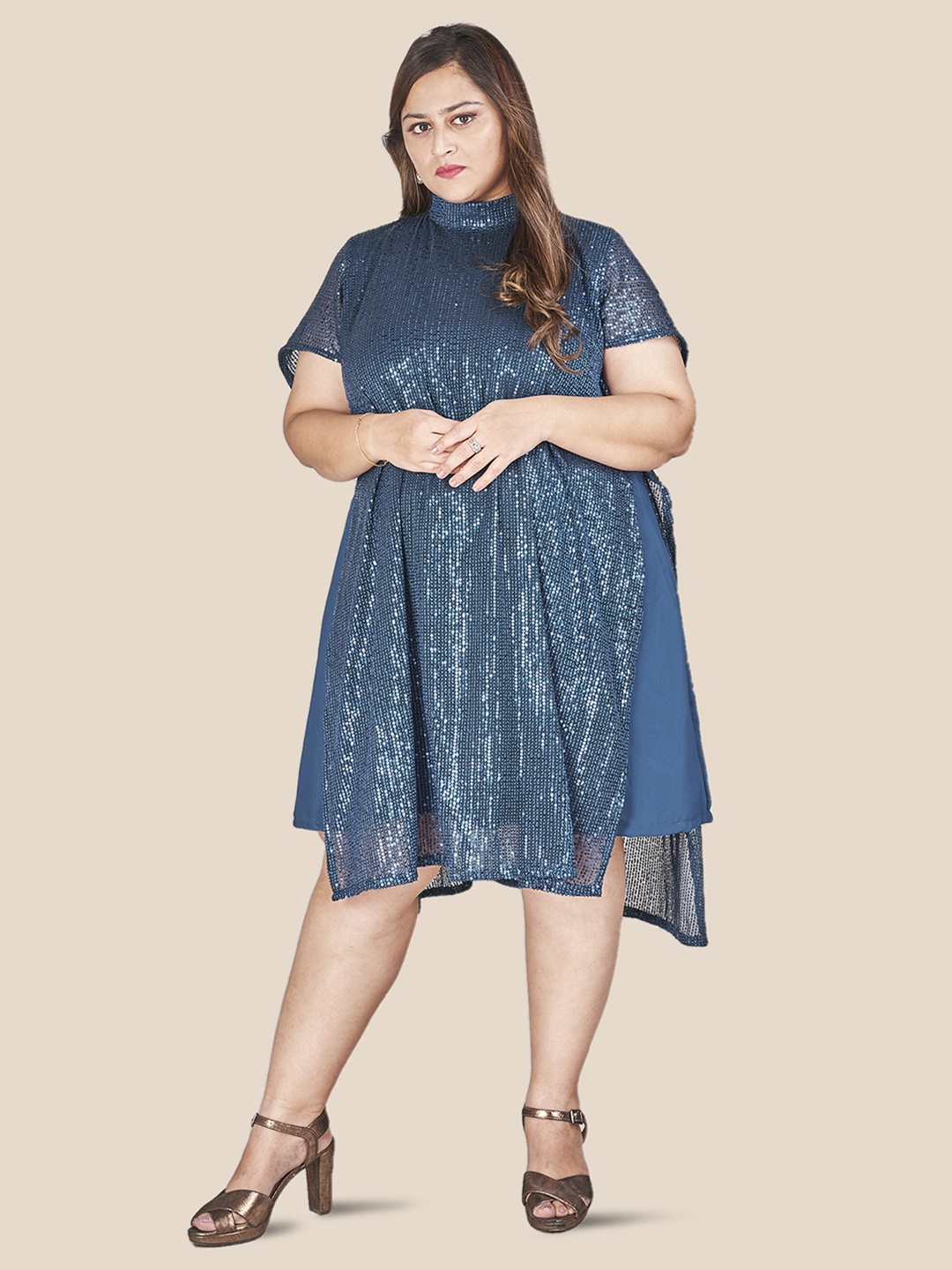 

Curvy Lane Plus Size Embellished Sequinned Detailed High Neck A-Line Dress, Grey