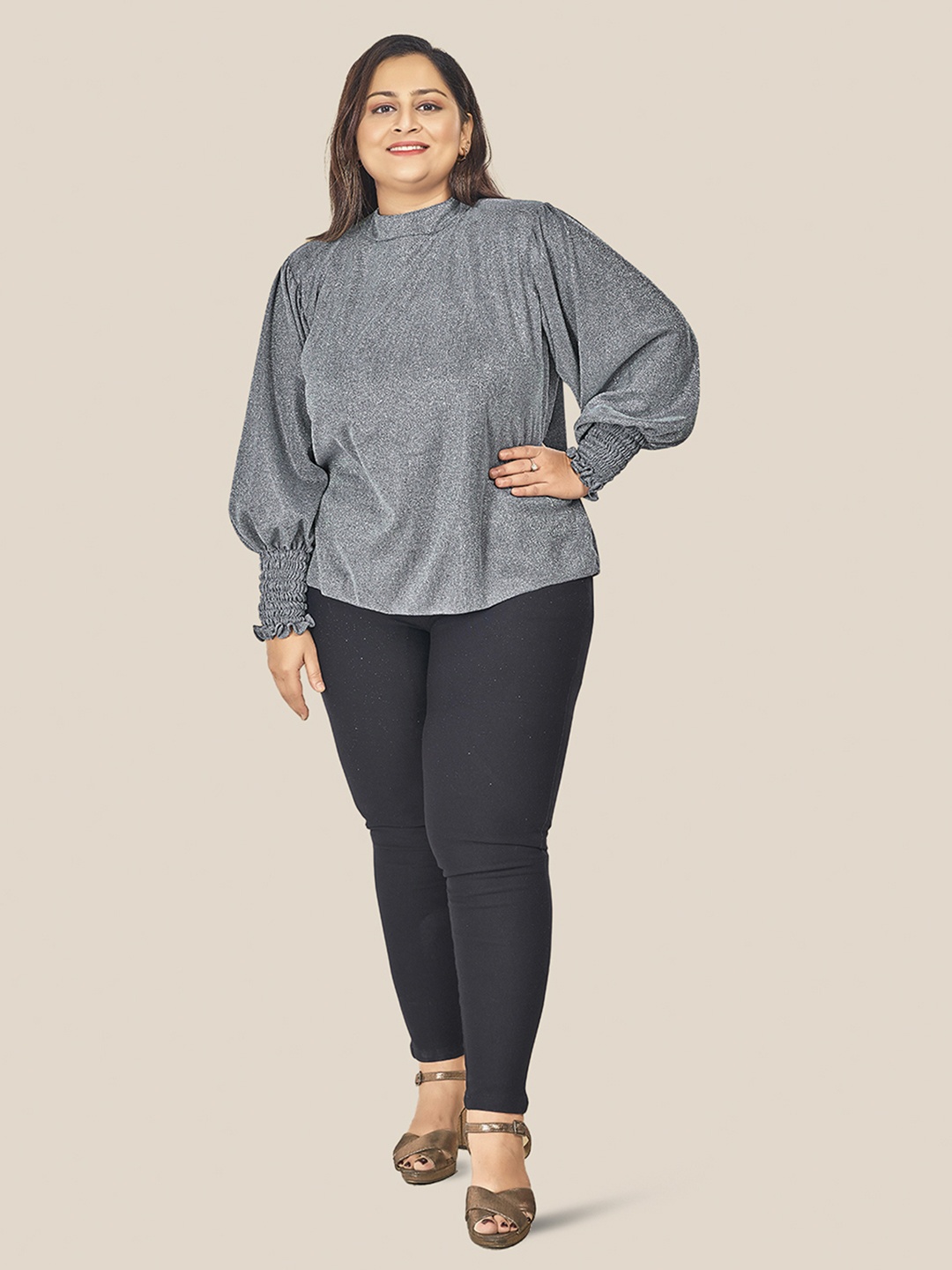 

Curvy Lane Puff Sleeve Regular Top, Grey