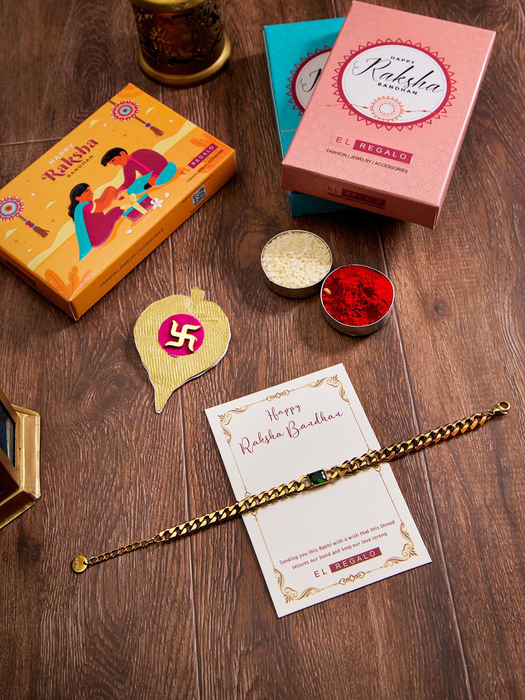 

EL REGALO Chain Charm Details Bhai Stainless Steel Rust Free Rakhi With Roli Chawal, Gold