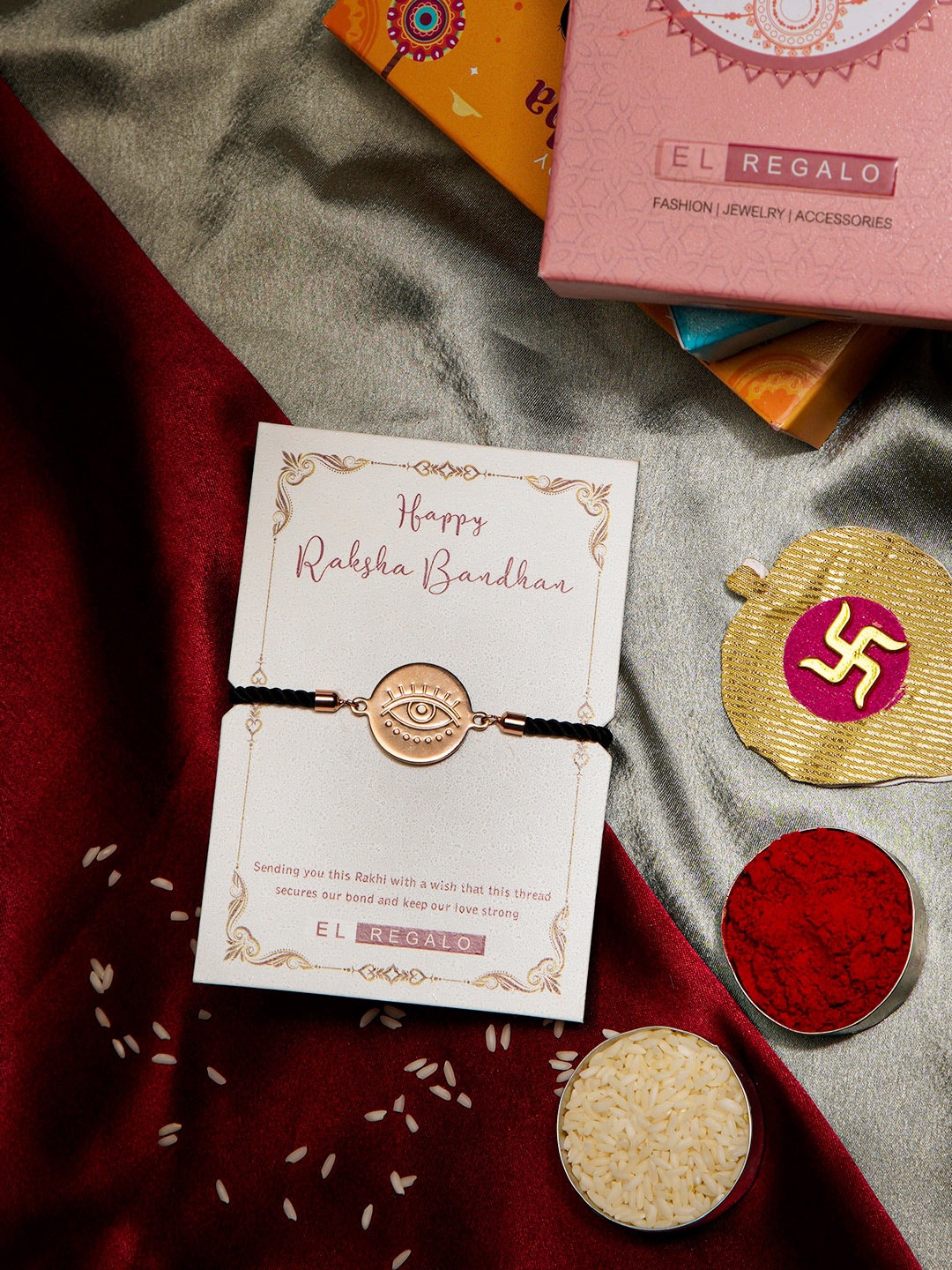 

EL REGALO Bhai Evil Eye Charm Details Stainless Steel Rust Free Rakhi With Roli Chawal, Rose gold
