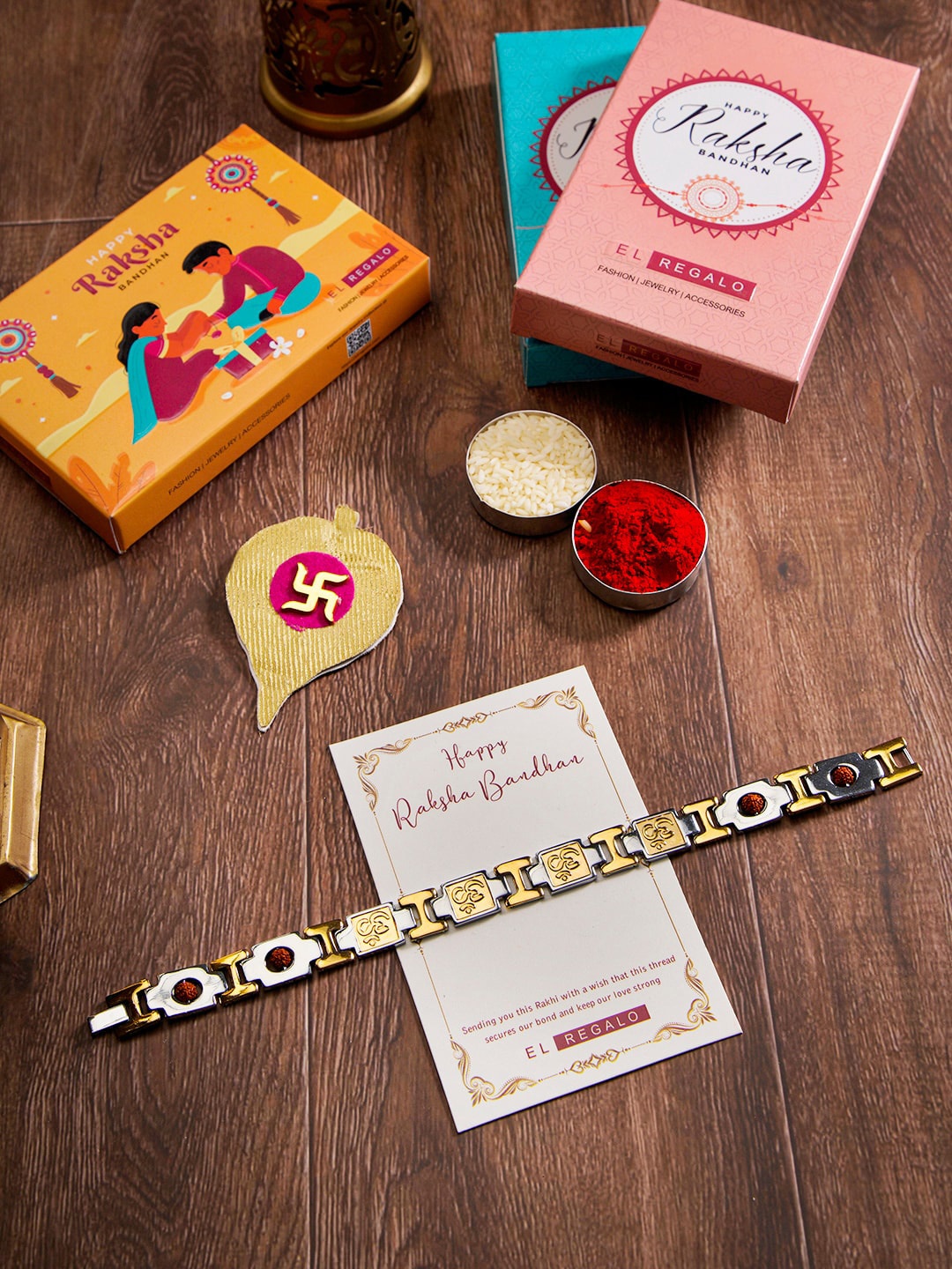 

EL REGALO Rudraksha Om Charm Detail Bracelet Stainless Steel Rust Free Rakhi & Roli Chawal, Silver