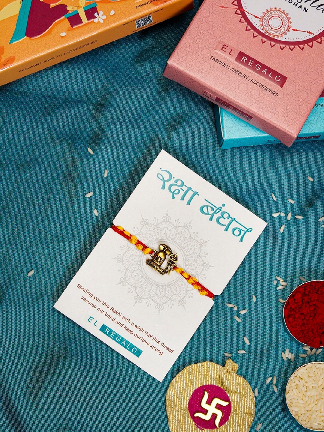 

EL REGALO Shiv Charm Wraparound Rakhi With Roli Chawal & Greeting Card, Gold