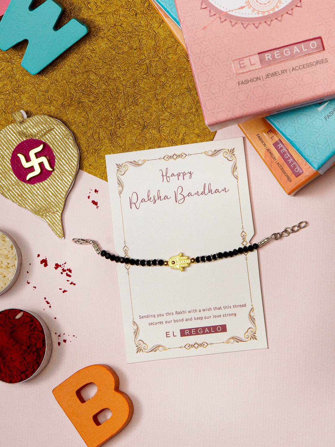

EL REGALO Infant Boys Nazaria Charm Rakhi With Roli Chawal Rakhi Card, Black