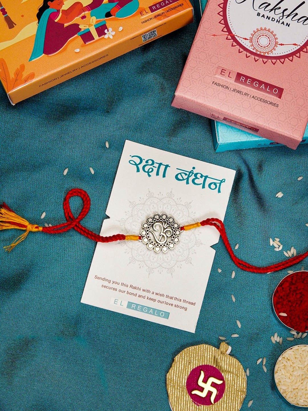 

EL REGALO Men Om Charm Rakhi With Roli Chawal & Greeting Card, Silver