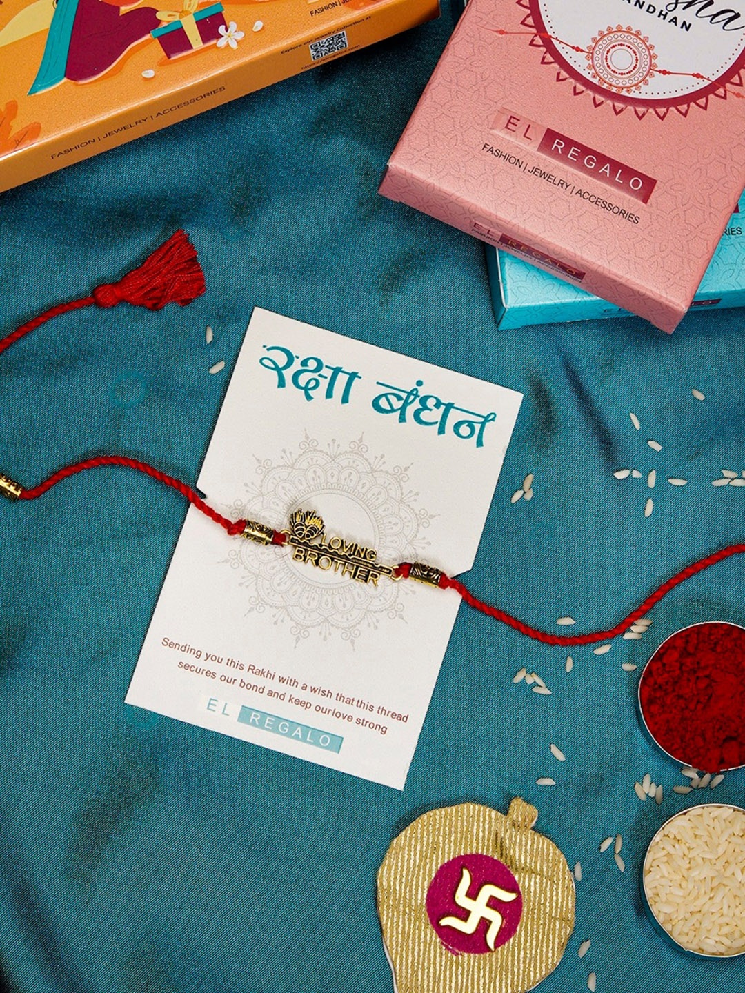 

EL REGALO Men Loving Brother Charm Rakhi With Roli Chawal & Greeting Card, Gold