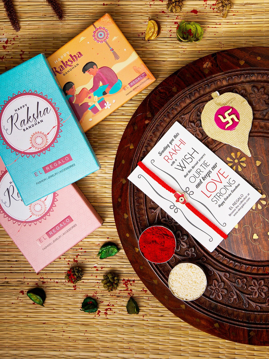 

EL REGALO Hamsa Charm Rakhi With Roli Chawal & Greeting Card, Red