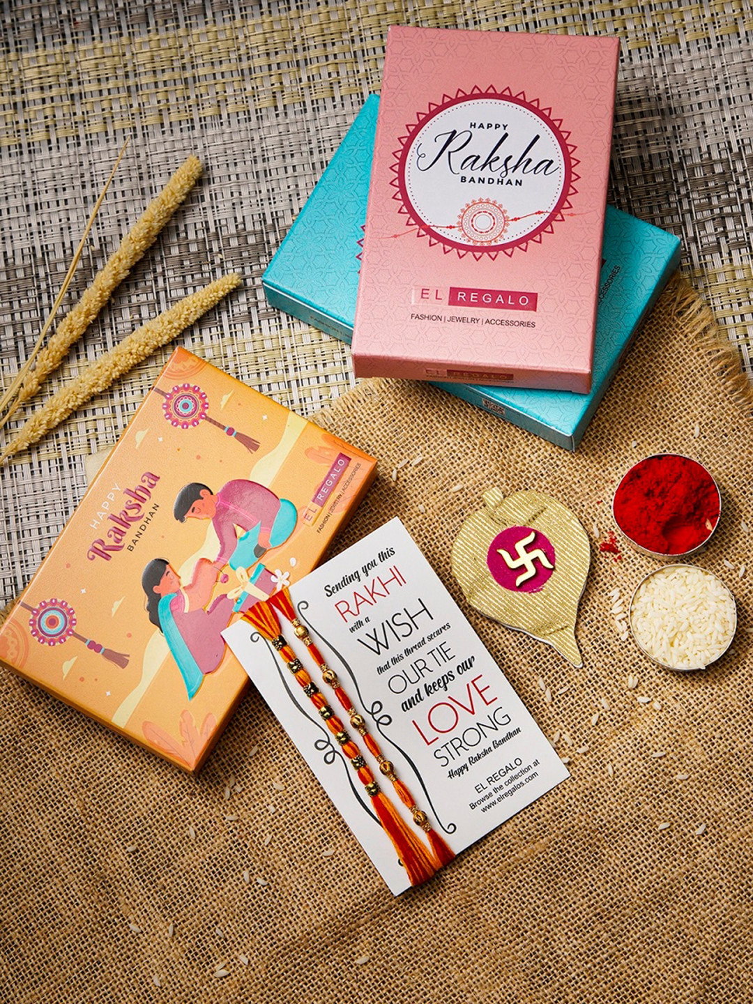 

EL REGALO Set Of 2 Bhaiya & Bhabhi Rakhi Combo With Roli Chawal, Gold