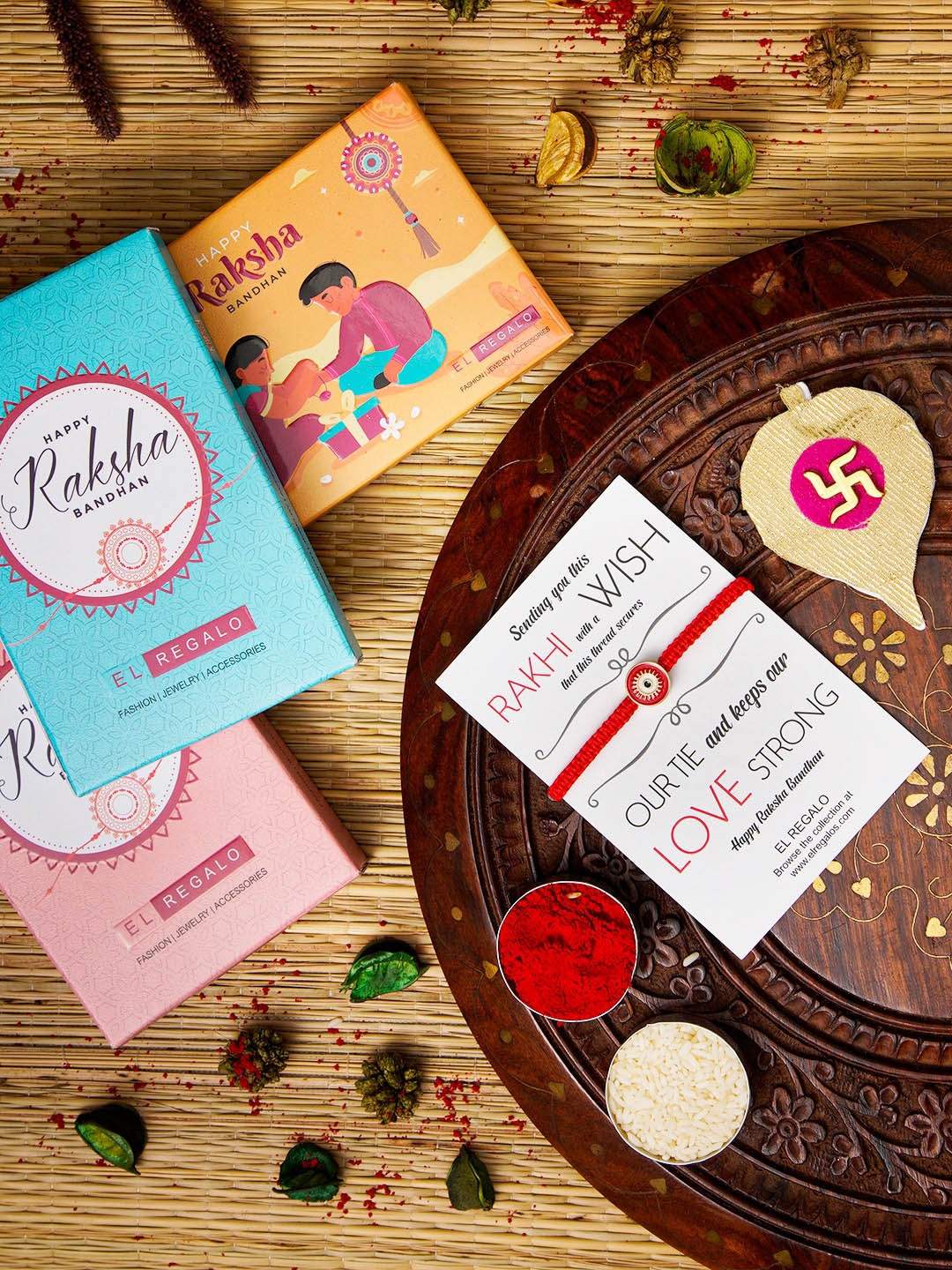 

EL REGALO Evil Eye Rakhi, Roli Rice & Greeting Card Set, Red
