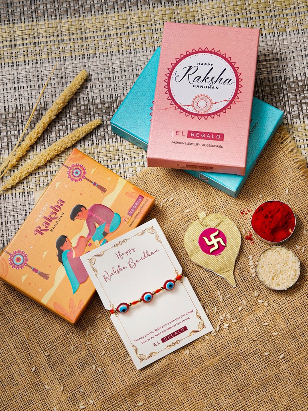

EL REGALO Men Evil Eye Rakhi With Roli & Greeting Card, Red