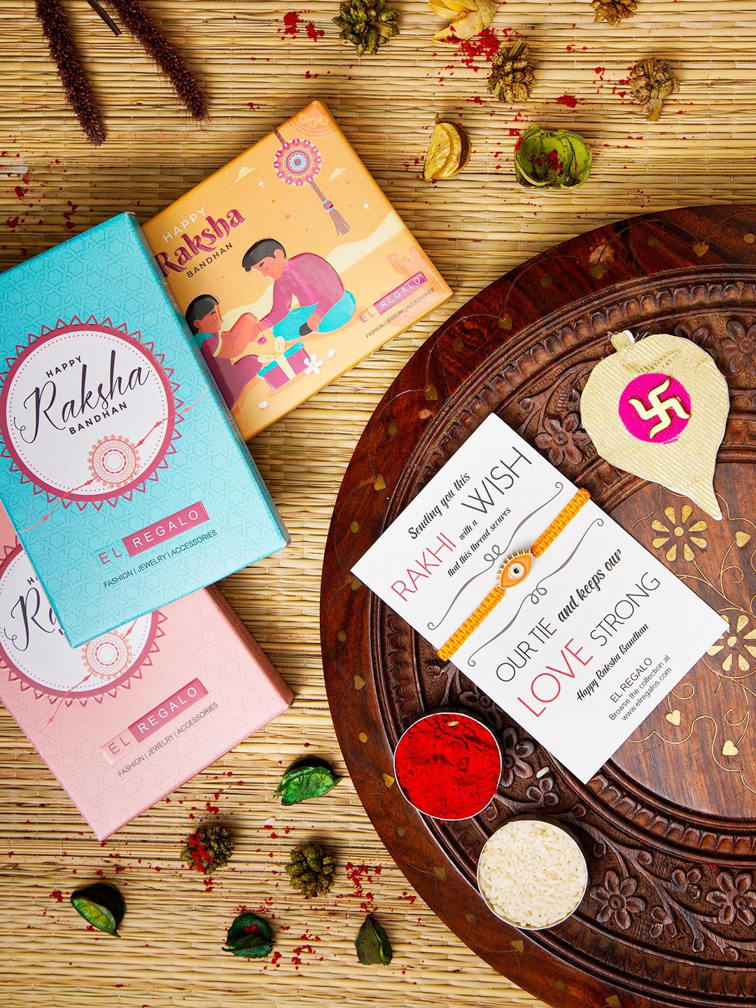 

EL REGALO Evil Eye Rakhi With Roli Rice & Greeting Card, Yellow