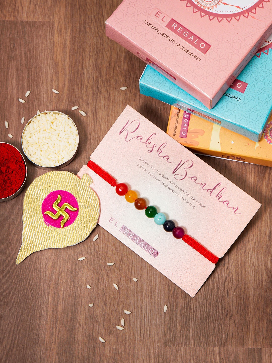 

EL REGALO Beaded Detail Rakhi With Roli Rice & Greeting Card, Red