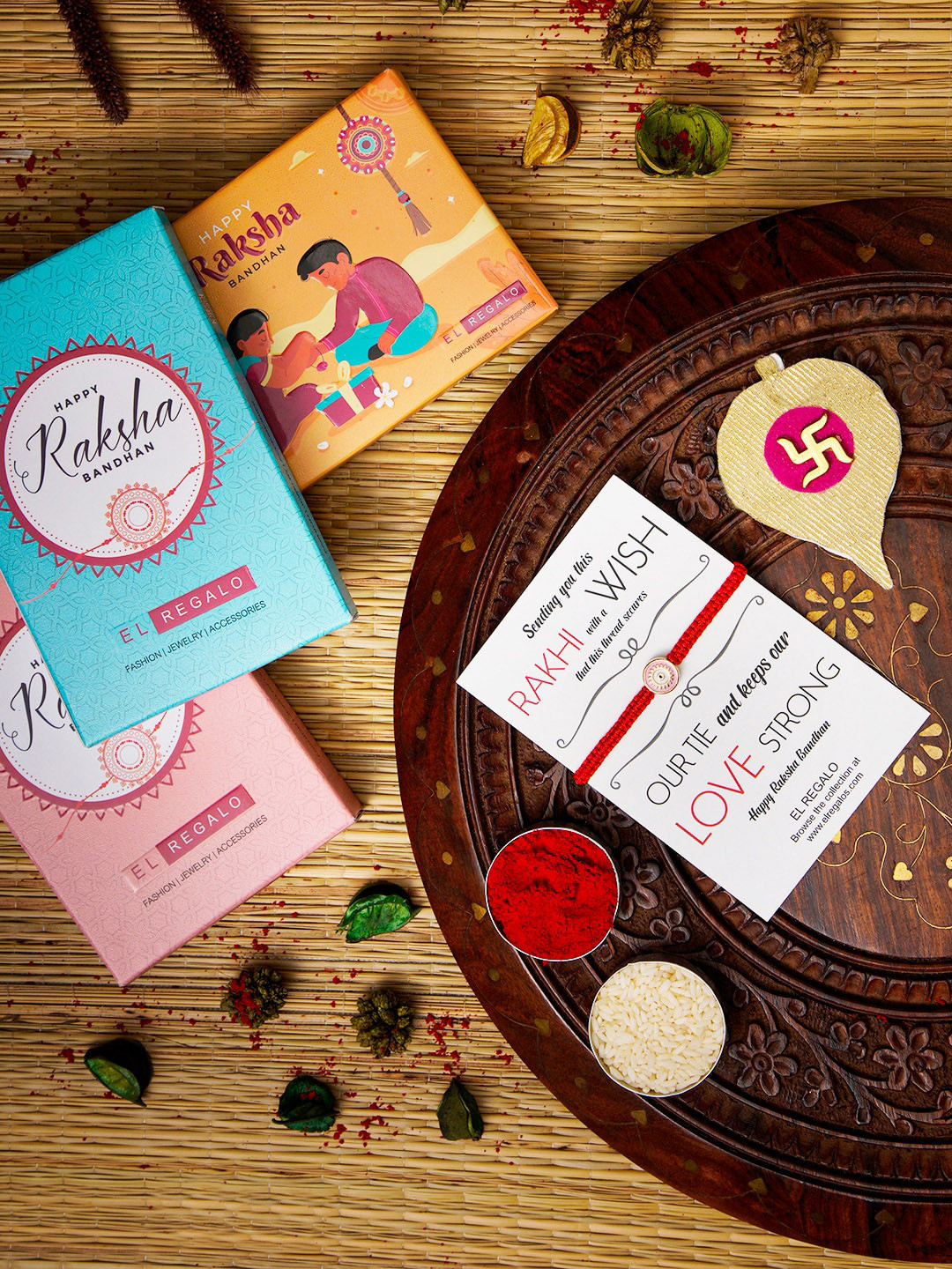 

EL REGALO Evil Eye Rakhi With Roli Rice & Greeting Card, Red